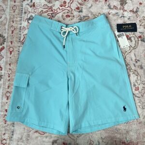Polo Ralph Lauren Mens Small Solid Swim‎ Trunks Polyester Turquoise Blue Pocket